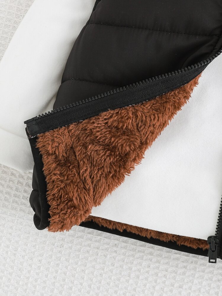 Cozy Pixies Baby Boy Woven Solid Color Patchwork Faux Fur Lined Bear Patch Casual Hooded Padded Vest,Suitable For Autumn And Winter. - Multicolor - View 4
