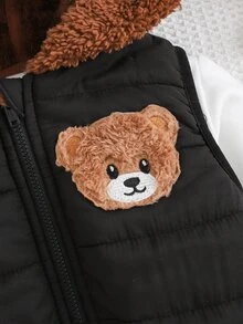 Cozy Pixies 男嬰編織素色拼接仿皮草內裡熊圖案休閒連帽加厚背心，適合秋冬穿著 - 彩色 - 查看 3