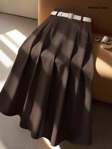 GlowEve CURVE Plus Size Women High-Waisted A-Line Skirt, Elegant For Commuting Fall - Coffee Brown - View 10