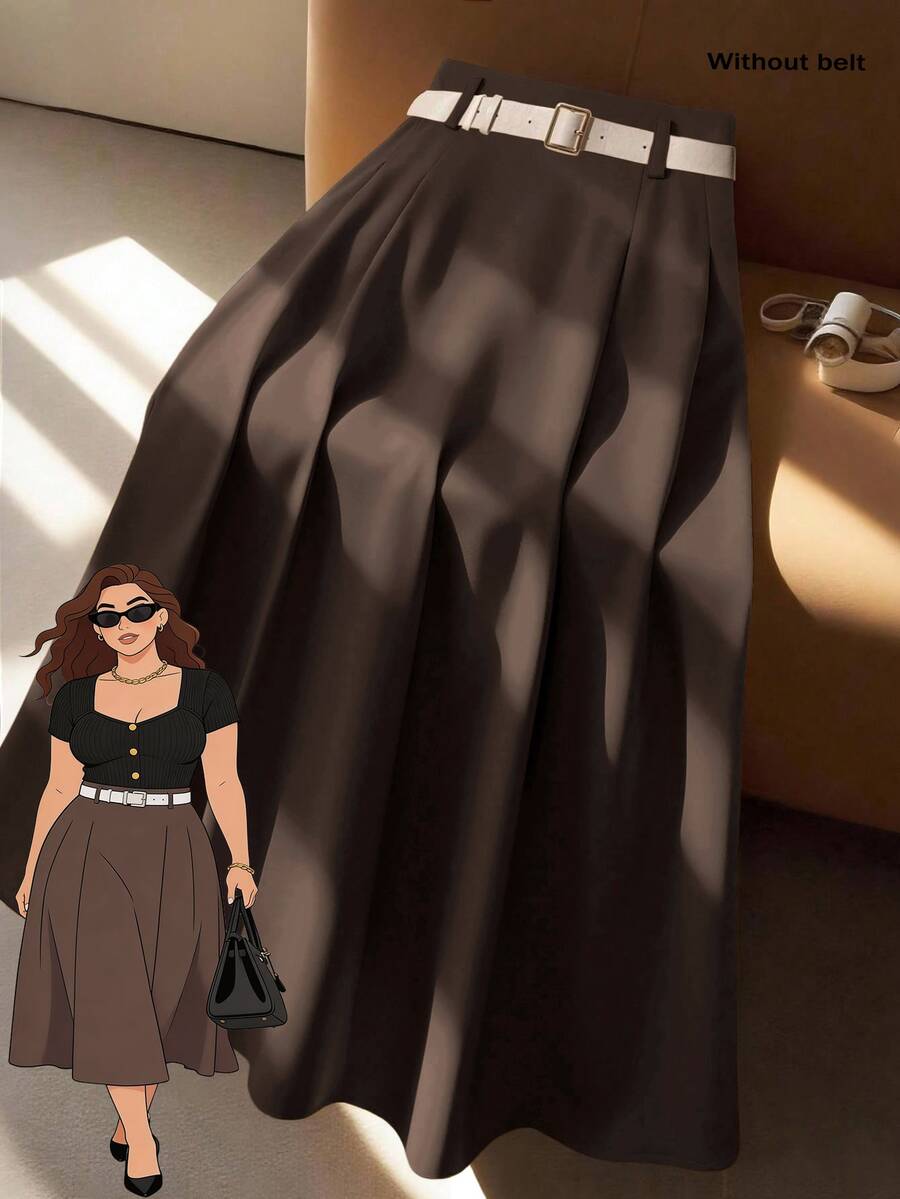 GlowEve CURVE Plus Size Women High-Waisted A-Line Skirt, Elegant For Commuting Fall - Coffee Brown - View 1