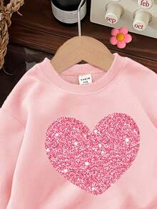 SHEIN Baby Girl Casual Simple Heart Pattern Knitted Soft Crew Neck Loose Thick Sweatshirt, Suitable For Autumn & Winter - Pink - View 3