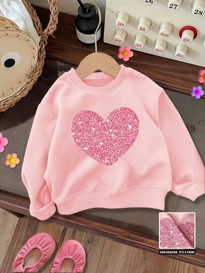 SHEIN Baby Girl Casual Simple Heart Pattern Knitted Soft Crew Neck Loose Thick Sweatshirt, Suitable For Autumn & Winter