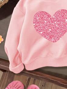 SHEIN Baby Girl Casual Simple Heart Pattern Knitted Soft Crew Neck Loose Thick Sweatshirt, Suitable For Autumn & Winter - Pink - View 4