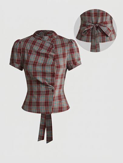 Sweetness Plaid Print Puff Sleeve Tie Back Ruched Button Placket Blouse