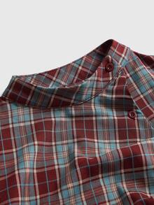 Sweetness Plaid Print Puff Sleeve Tie Back Ruched Button Placket Blouse - Multicolor - View 3