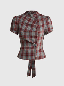 Sweetness Plaid Print Puff Sleeve Tie Back Ruched Button Placket Blouse - Multicolor - View 4