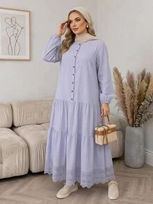 SHEIN CURVE+ Plus Size 22W Women's Solid Color Single-Breasted Long Sleeve Ruffle Hem Casual Elegant Dress Fall Brunch Morning Formal Light Blue - Mauve Purple - View 10