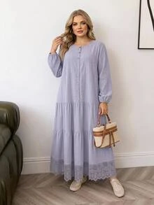 SHEIN CURVE+ Plus Size 22W Women's Solid Color Single-Breasted Long Sleeve Ruffle Hem Casual Elegant Dress Fall Brunch Morning Formal Light Blue - Mauve Purple - View 7