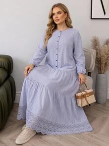 SHEIN CURVE+ Plus Size 22W Women's Solid Color Single-Breasted Long Sleeve Ruffle Hem Casual Elegant Dress Fall Brunch Morning Formal Light Blue - Mauve Purple - View 8