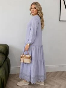 SHEIN CURVE+ Plus Size 22W Women's Solid Color Single-Breasted Long Sleeve Ruffle Hem Casual Elegant Dress Fall Brunch Morning Formal Light Blue - Mauve Purple - View 6