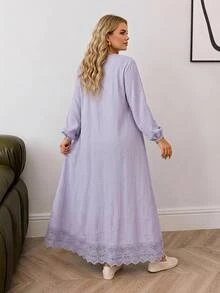 SHEIN CURVE+ Plus Size 22W Women's Solid Color Single-Breasted Long Sleeve Ruffle Hem Casual Elegant Dress Fall Brunch Morning Formal Light Blue - Mauve Purple - View 2