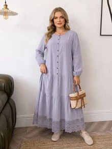 SHEIN CURVE+ Plus Size 22W Women's Solid Color Single-Breasted Long Sleeve Ruffle Hem Casual Elegant Dress Fall Brunch Morning Formal Light Blue - Mauve Purple - View 4