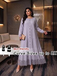 SHEIN CURVE+ Plus Size 22W Women's Solid Color Single-Breasted Long Sleeve Ruffle Hem Casual Elegant Dress Fall Brunch Morning Formal Light Blue - Mauve Purple - View 1