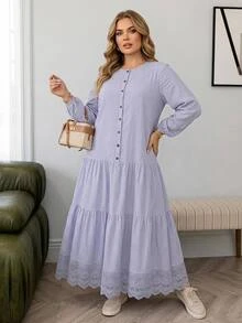 SHEIN CURVE+ Plus Size 22W Women's Solid Color Single-Breasted Long Sleeve Ruffle Hem Casual Elegant Dress Fall Brunch Morning Formal Light Blue - Mauve Purple - View 9