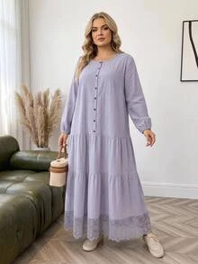 SHEIN CURVE+ Plus Size 22W Women's Solid Color Single-Breasted Long Sleeve Ruffle Hem Casual Elegant Dress Fall Brunch Morning Formal Light Blue - Mauve Purple - View 5