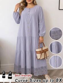 SHEIN CURVE+ Plus Size 22W Women's Solid Color Single-Breasted Long Sleeve Ruffle Hem Casual Elegant Dress Fall Brunch Morning Formal Light Blue - Mauve Purple - View 11