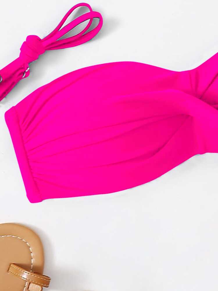 SHEIN Swim Summer Beach Twist Bandeau Push Up Bikini Top With 1pair Detachable Strap - Hot Pink - View 3