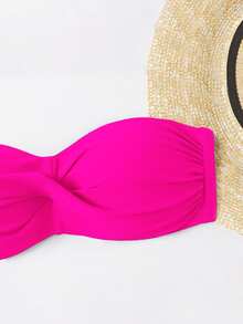 SHEIN Swim 扭結抹胸比基尼上衣帶1雙可拆卸帶 - 玫紅色 - 查看 5