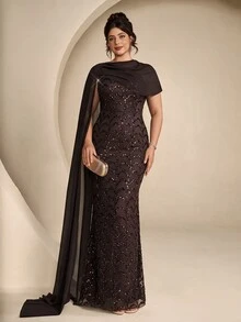 Coutiva Plus Size Women's Sequin Mermaid Hemline Ribbon Design Elegant Formal Evening Gown - Coffee Brown - View 3