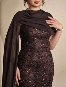 Coutiva Plus Size Women's Sequin Mermaid Hemline Ribbon Design Elegant Formal Evening Gown - Coffee Brown - View 4