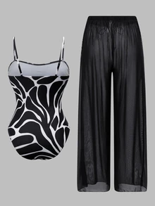 Swim Oasis Women's Spring/Summer Black & White Contrast Water Ripple Print One-Shoulder One-Piece Swimsuit With Flowy Chiffon Long Pants - Black and White - View 2