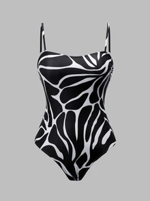 Swim Oasis Women's Spring/Summer Black & White Contrast Water Ripple Print One-Shoulder One-Piece Swimsuit With Flowy Chiffon Long Pants - Black and White - View 10