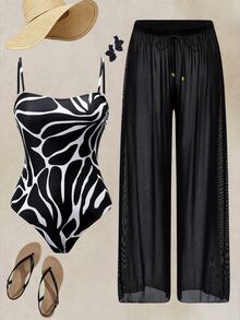 Swim Oasis Women's Spring/Summer Black & White Contrast Water Ripple Print One-Shoulder One-Piece Swimsuit With Flowy Chiffon Long Pants - Black and White - View 3