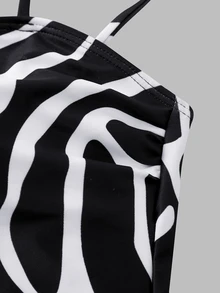 Swim Oasis Women's Spring/Summer Black & White Contrast Water Ripple Print One-Shoulder One-Piece Swimsuit With Flowy Chiffon Long Pants - Black and White - View 6