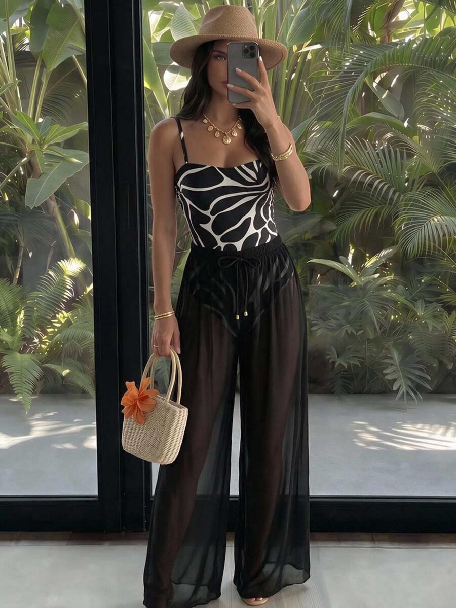 Swim Oasis Women's Spring/Summer Black & White Contrast Water Ripple Print One-Shoulder One-Piece Swimsuit With Flowy Chiffon Long Pants - Black and White - View 1