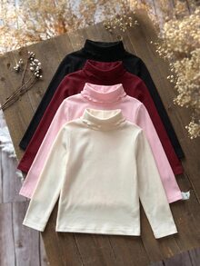 SHEIN Young Girl 4件組女童高領羅紋針織休閒T恤，高領上衣，女孩秋季服飾，適合日常休閒穿著 - 紅色 - 查看 10
