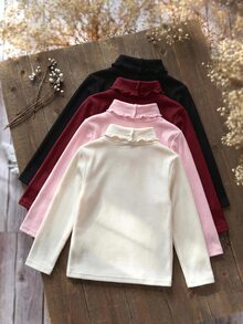 SHEIN Young Girl 4件組女童高領羅紋針織休閒T恤，高領上衣，女孩秋季服飾，適合日常休閒穿著 - 紅色 - 查看 6
