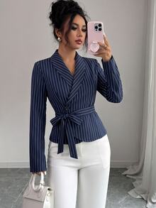 Modelyn Women's Navy Blue Asymmetric Hem Waist-Cinched Tie-Waist Blouse Office Work Autumn Casual Elegant - Blue - View 4