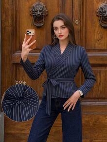 Modelyn Women's Navy Blue Asymmetric Hem Waist-Cinched Tie-Waist Blouse Office Work Autumn Casual Elegant - Blue - View 5