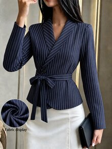 Modelyn Women's Navy Blue Asymmetric Hem Waist-Cinched Tie-Waist Blouse Office Work Autumn Casual Elegant - Blue - View 2