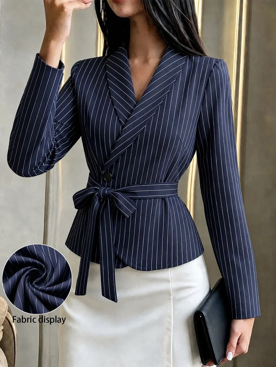 Modelyn Women's Navy Blue Asymmetric Hem Waist-Cinched Tie-Waist Blouse Office Work Autumn Casual Elegant