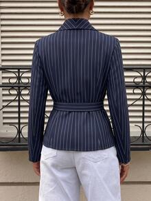 Modelyn Women's Navy Blue Asymmetric Hem Waist-Cinched Tie-Waist Blouse Office Work Autumn Casual Elegant - Blue - View 3