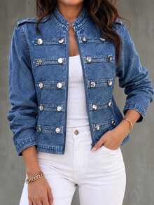 Breezaya Pakaian Musim Gugur untuk Wanita: Jaket Kerah Tegak Biru dengan Kancing Logam, Gaya Vintage Kasual - Biru - View 6