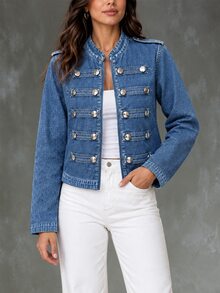 Breezaya Pakaian Musim Gugur untuk Wanita: Jaket Kerah Tegak Biru dengan Kancing Logam, Gaya Vintage Kasual - Biru - View 8