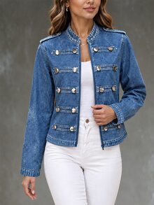 Breezaya Pakaian Musim Gugur untuk Wanita: Jaket Kerah Tegak Biru dengan Kancing Logam, Gaya Vintage Kasual - Biru - View 7
