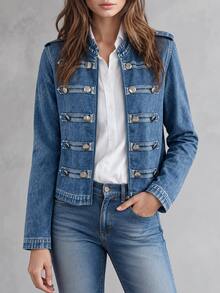 Breezaya Pakaian Musim Gugur untuk Wanita: Jaket Kerah Tegak Biru dengan Kancing Logam, Gaya Vintage Kasual - Biru - View 4