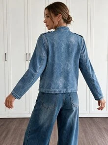 Breezaya Pakaian Musim Gugur untuk Wanita: Jaket Kerah Tegak Biru dengan Kancing Logam, Gaya Vintage Kasual - Biru - View 2
