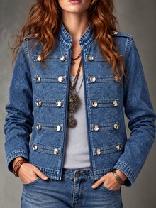 Breezaya Pakaian Musim Gugur untuk Wanita: Jaket Kerah Tegak Biru dengan Kancing Logam, Gaya Vintage Kasual - Biru - View 1