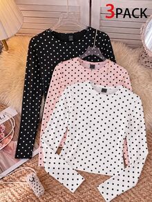 SHEIN EZwear 女款 3 件組波點圓領休閒修身長袖 T 恤套裝，秋季上衣，適合日常通勤、約會、聚會，秋冬春夏通用，聖誕節、優雅、休閒、外出、約會、預約、通勤、亮面、情人節、優雅、度假、休閒、Y2K、外出、畢業典禮等場合 - 彩色 - 查看 8