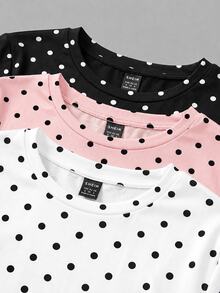 SHEIN EZwear 女款 3 件組波點圓領休閒修身長袖 T 恤套裝，秋季上衣，適合日常通勤、約會、聚會，秋冬春夏通用，聖誕節、優雅、休閒、外出、約會、預約、通勤、亮面、情人節、優雅、度假、休閒、Y2K、外出、畢業典禮等場合 - 彩色 - 查看 7
