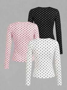 SHEIN EZwear 女款 3 件組波點圓領休閒修身長袖 T 恤套裝，秋季上衣，適合日常通勤、約會、聚會，秋冬春夏通用，聖誕節、優雅、休閒、外出、約會、預約、通勤、亮面、情人節、優雅、度假、休閒、Y2K、外出、畢業典禮等場合 - 彩色 - 查看 2