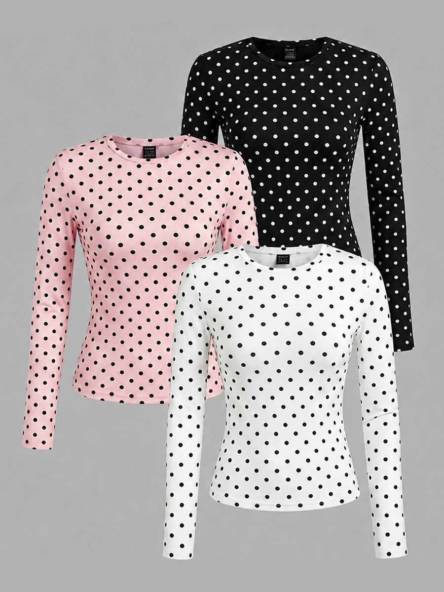 SHEIN EZwear 女款 3 件組波點圓領休閒修身長袖 T 恤套裝，秋季上衣，適合日常通勤、約會、聚會，秋冬春夏通用，聖誕節、優雅、休閒、外出、約會、預約、通勤、亮面、情人節、優雅、度假、休閒、Y2K、外出、畢業典禮等場合 - 彩色 - 查看 1