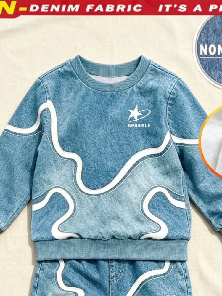 2pcs Young Boys Sweatshirt Set Streetwear White Wave Stars Print Loose Crew Neck Autumn Outfits Back To School Birthday - Multicolor - View 7
