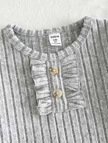 SHEIN Young Girl Princess Fairy Ribbed Knit Fitted Crew Neck Ruffle Hem Long Sleeve Dress, Suitable For Fall/ Daily Wear 7th Birthday Black Kindergarten - Light Grey - View 5