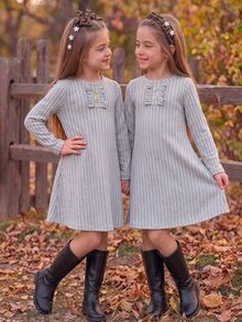 SHEIN Young Girl Princess Fairy Ribbed Knit Fitted Crew Neck Ruffle Hem Long Sleeve Dress, Suitable For Fall/ Daily Wear 7th Birthday Black Kindergarten - Light Grey - View 1