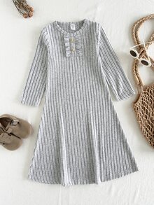 SHEIN Young Girl Princess Fairy Ribbed Knit Fitted Crew Neck Ruffle Hem Long Sleeve Dress, Suitable For Fall/ Daily Wear 7th Birthday Black Kindergarten - Light Grey - View 4